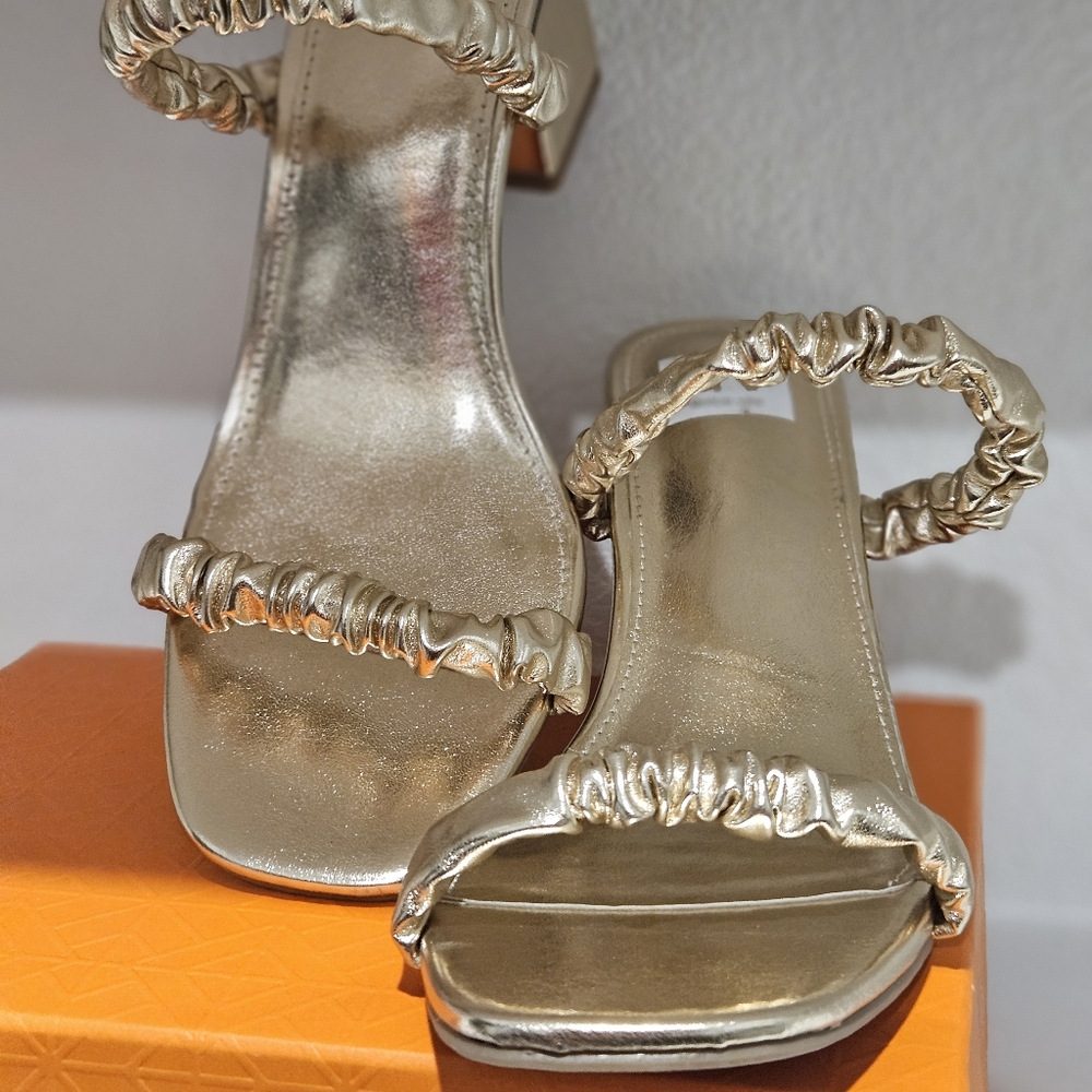 Gold Block High-Heel Sandals with Ruched Straps
